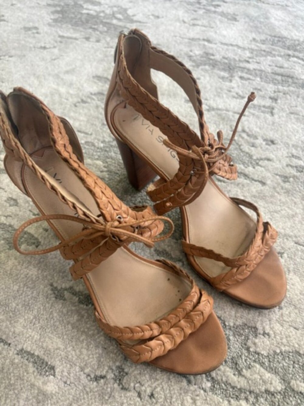 Via Spiga Braided Leather Lace-Up Heeled Sandals Tan/Cognac Size 8